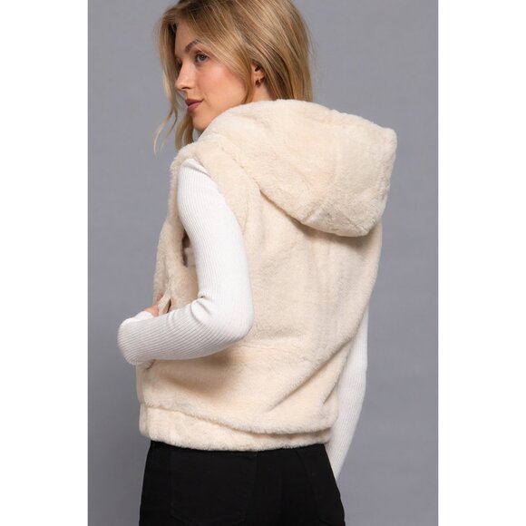 NWT Hoodie Faux Fur Vest, Zip Up, Soft, Cozy, Warm, Vanilla - Picture 2 of 5